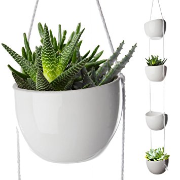 4 Piece Modern Ceramic Hanging Planter Set, Succulent Plants Pots, Decorative Display Bowls, Flowerpot Containers for Moss, Cacti, Flowers, White, By California Home Goods