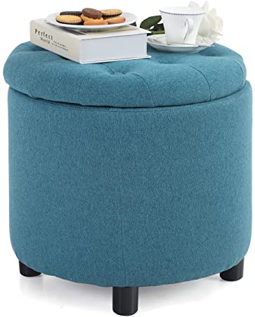 Sophia & William Round Storage Ottoman Footrest Stool with Removable Lid Button Tufted Side Table Seat Padded Cotton Linen Upholstered Legs for Living Room, Bedroom Kids Room-Blue