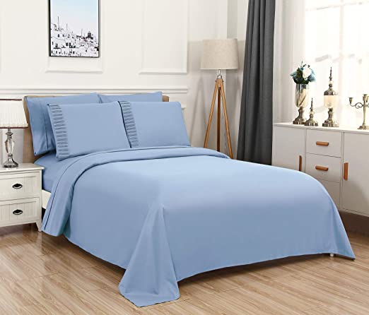 Bed Sheets Set by Bamboo Home, Natural Bamboo Viscose Rayon Blend Solid Double 4-Piece Bed Sheets Set with 15 inch Extra Deep Pockets, Healthy Hypoallergenic and Antibacterial Eco Friendly Cool Comfortable Ultra Soft Silky Egyptian Comfort Bamboo Bedding Sheets-Wrinkle/Fade/Stain Resistant (w/ 4 Pillowcases) (Double, Blue)