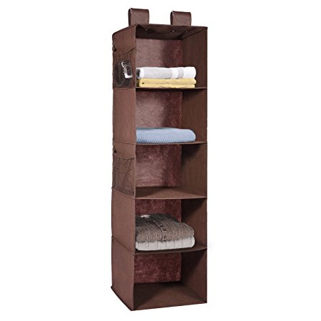 Hanging Wardrobe Organiser, MAIDMAX 5 Shelves Heavy Duty Closet Storage Unit with 4 Side mesh Pockets for Clothes - Brown(30 x 30 x 106 cm)