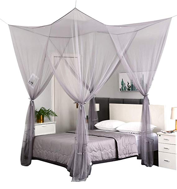 Mengersi 4 Corner Post Elegant Mosquito Net Curtain Bed Canopy for Full Queen King Bed,Suitable for Indoor Outdoor Net(Gray, L87xW79xH98 inch)