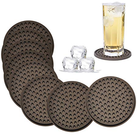 Coasters for Drinks Absorbent, Rubber Brown Coasters Set, Silicone Drink Coasters Large Size 4.3 inch and Deep Tray, Reusable Heart Shape Silicone Trivet (Set of 8)