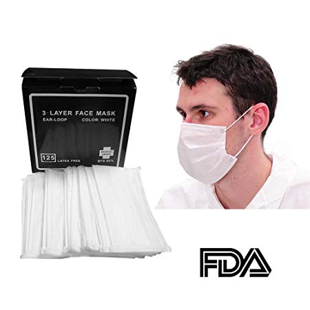 (125pcs) Raytex N99 Dust Allergy Flu Masks-NIOSH-Certified 3-Ply Superior Disposable Latex Free Face Mask, Breathable and Comfortable with Premium Elastic Ear Loop for Medical Dental Surgical (White)