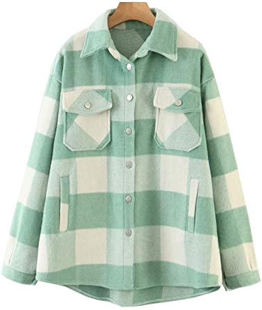 Haellun Womens Brushed Flannel Plaid Lapel Wool Blend Pea Coat Button Down Shirts Shackets