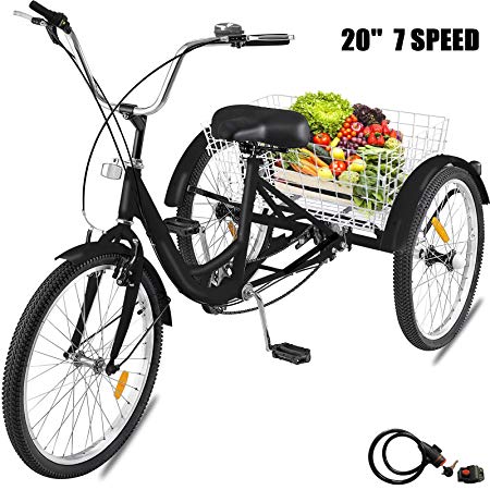 Happybuy Adult Tricycle 1 Speed 7 Speed Size Cruise Bike 20 Inch Adjustable Trike with Bell, Brake System Cruiser Bicycles Large Size Basket for Recreation Shopping Exercise