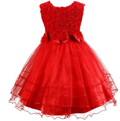 Shiny Toddler 3D Rose Petal Bowknot Flower Girl Birthday Party Tutu Dress 100% Cotton