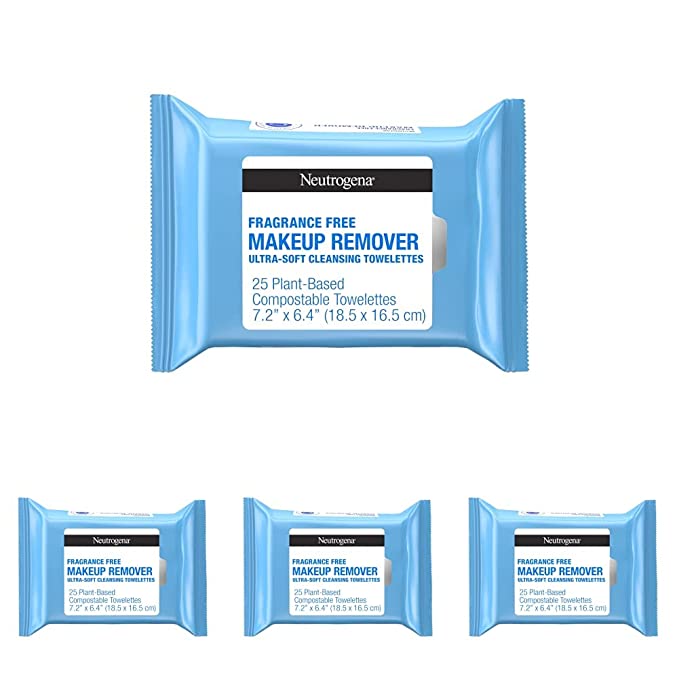 Neutrogena Fragrance-Free Makeup Remover Face Wipes, Daily Facial Cleansing Towelettes for Waterproof Makeup, Dirt & Oil, Gentle, Alcohol- & Fragrance Free, 100% Plant-Based Fibers, 25 ct (Pack of 4)