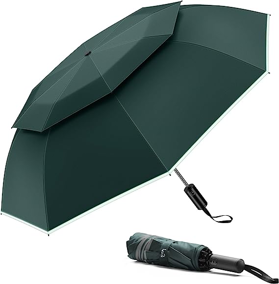 Urvoix Travel Umbrella Windproof for Rain - Double Canopy Vented with Reflective Strip, Automatic Open/Close Folding Umbrella for Backpack, Car - Compact and Lightweight for Men & Women