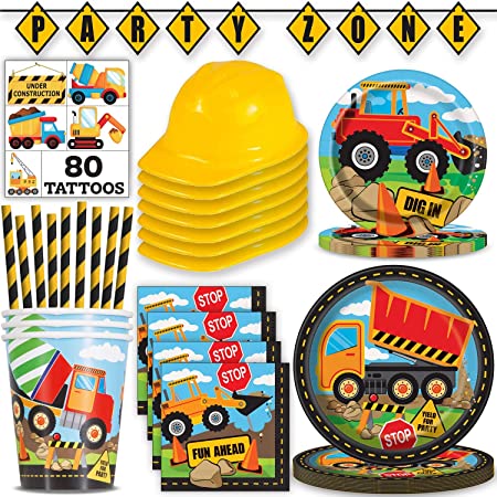Construction Party Supplies - 24 sets - Large plates, Dessert Plates, Napkins, Cups, Straws, Child Size Plastic Hard Hats, “Party Zone” Block Banner, Tattoos - Great Birthday and Builder Themed Tableware and Decorations Set