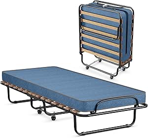 COSTWAY ☀️ 80x190cm Gästebett mit Matratze aus Rückstellschaum, Klappbares Einzelbett, Stabiler Metallbett bis 130kg belastbar, Klappbett auf Rädern, Faltbett Büro Gästezimmer, Tragbares Bett (Blau)