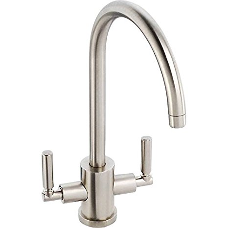 VAPSINT® Solid Brass Double Handle Brushed Steel Twin Lever Mono Mixer Sink Kitchen Taps, Brass Deck Mounted Kitchen Tap
