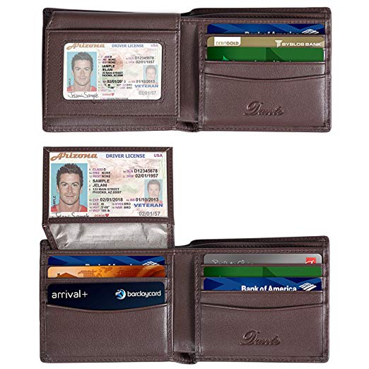 Dante RFID Blocking Genuine Leather Bifold Wallet for Men, Credit Card Holder with Flip ID Window, Coffee