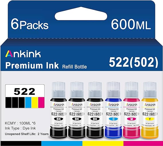 Ankink T522 522 High Capacity Refill Ink Bottle 20.3 fl oz Replacement for Epson Compatible 502 Ink Refill Bottle Use for EcoTank ET-2803 ET-2800 ET-2720 ET-3750 ET-4800 ET-4700 ET-2750 Black Color