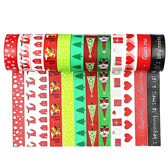 Wise Bird Christmast Washi Tape Santa, Snow, Christmas Tree, Chirstmas Candy, Christmas Deer and Merry Christmas Washi Tape, Red Green White Washi Tape, set of 12 - W21