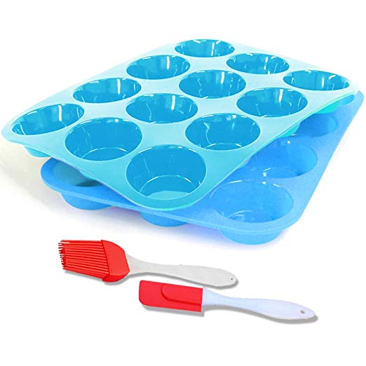 12 Pc Silicone Muffin and Cupcake Baking Mould, Muffin & Cupcake Tins & Moulds, Non Stick/Dishwasher - Microwave Safe(2pack)(Blue Blue)