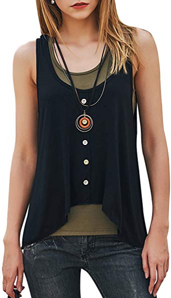 sullcom Women's Summer Sleeveless Loose Camis Vest Casual Plain Button Decor Tank Top Pack