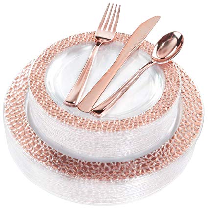 BUCLA 25 Guest Clear Rose Gold Plastic Plates with Disposable Plastic Silverware, Hammered Design Plastic Tableware include 25 Dinner Plates,25 Salad Plates,25 Forks, 25 Knives, 25 Spoons