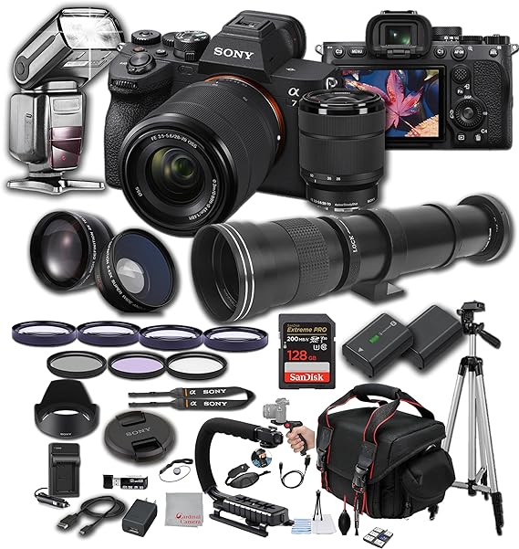 Sony A7 IV w/ 28-70mm Lens, 128GB Extreme Memory, 420-800mm Super Telephoto Lens, TTL Pro Flash, Filters, Lenses, Case Tripod, and More – Extreme Photo Bundle (42pc Bundle)