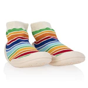 Nuby Snekz Comfortable Rubber Sole Sock Shoes for First Steps- Multi Color Stripes/Medium 14-22 Months