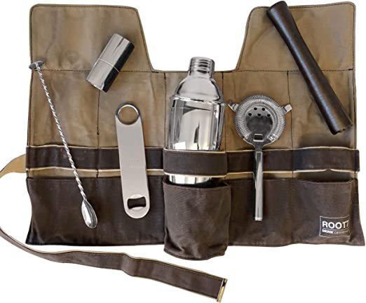 Premium Modern Silver Coated Professional Bartender Kit, Home and Workplace Cocktail Set, 19oz Shaker, Bar Blade, Jigger, Wood Muddler, Strainer, Spoon and Wax Canvas Bag by Root7