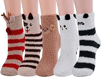 Christmas Socks,Aniwon 5-Pair Xmas Fuzzy Cozy Slipper Socks Winter Warm Thick Home Socks For Women Girls