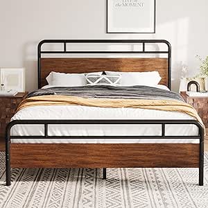 Allewie Full Size Platform Bed Frame with Wooden Headboard and Footboard, Heavy Duty 13 Metal Slats Support, Under Bed Storage, No Box Spring Needed, Noise Free, Easy Assembly, Walnut