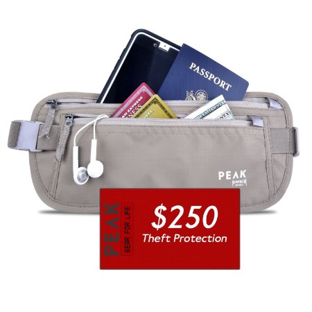 Premium RFID Block MONEY BELT for Travel with $250 THEFT PROTECTION By PEAK. Undercover Hidden Travel Wallet and Waist Stash.