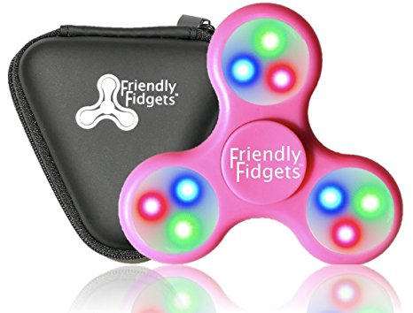 Friendly Fidgets LED Fidget Spinner Prime With On Off Switch And Carrying Case (NEW VERSION) Stress Reducing EDC Tri Spinning Hand Fidget Toys With Lights for Kids & Adults (LED Spinner, Pink)