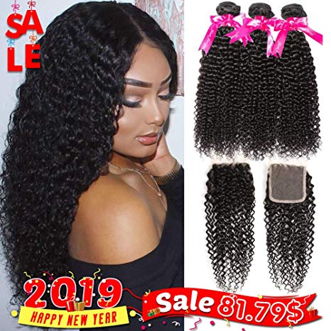 Hermosa 10A Kinky Curly Weave Human Hair Bundles with Closure Good Quality Brazilian curly Hair 3 Bundles with Closure 16 18 20 14inch