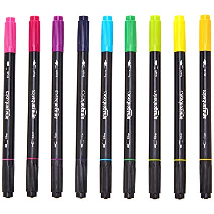 AmazonBasics Dual-Tip Calligraphy Brush Pens - 9 Bright Colors