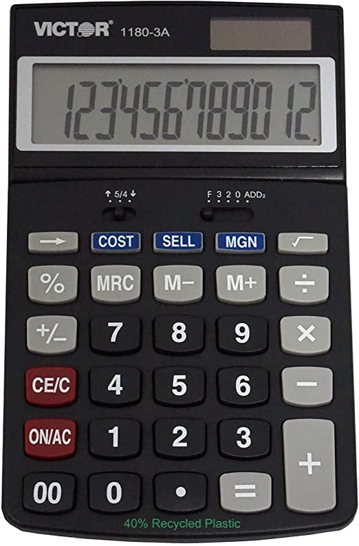 Victor 1180-3A 12-Digit Standard Function Calculator, Battery and Solar Hybrid Powered Adjustable Angle LCD Display, Great for Home and Office Desks, Black