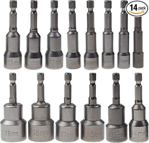 Micro Traders 14pcs Screw Power Drill Bit Metric Socket Bits Steel Hex Shank 1/4inch 6-19mm Magnetic Nut Driver Set 65mm Long for Pneumatic Screwdriver Electric Drill