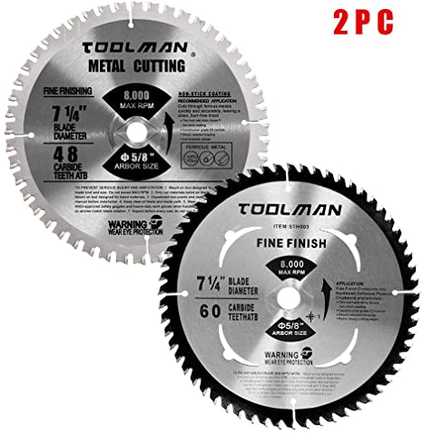 Toolman Premium Multifunctional Carbide-Tipped Circular Saw Blade Universal Fit 7-1/4" 5/8" 60T Table Miter Cutting For Wood Chipboard works with DeWalt Makita Ryobi S004005