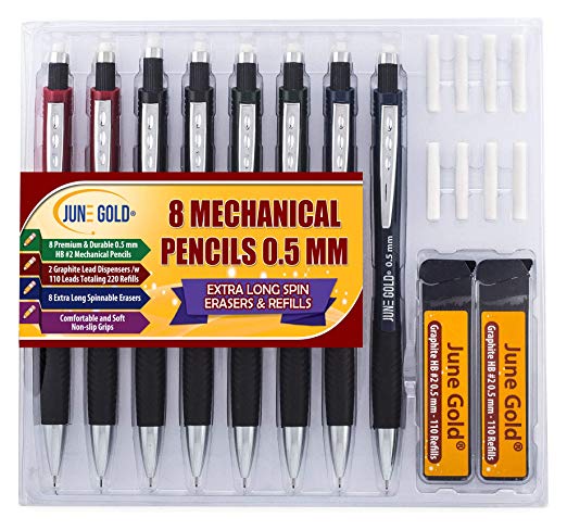 June Gold 8 Pack 0.5 mm HB #2 Mechanical Pencils, Extra Long Spin Eraser, 2 Lead Dispensers/w 220 Refills & 8 Refill Erasers, Break Resistant Lead, Soft Non-Slip Grip