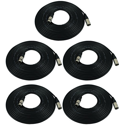 GLS Audio 25ft Mic Cable Patch Cords - XLR Male to XLR Female Black Microphone Cables - 25' Balanced Mike Snake Cord - 5 PACK