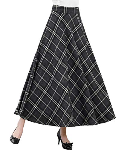 Femirah Women's Elastic Waist A Line Long Maxi Plaid Wool Skirt Vintage Wool Skirt