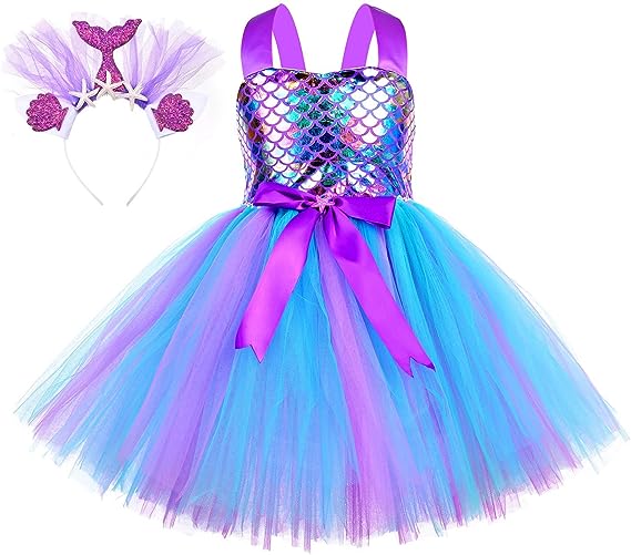 Tutu Dreams Summer 4 Colors Mermaid Dress for Girls with Headband Birthday Party Gifts Dress Up Clothes