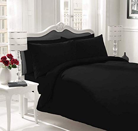 Luxury 100% Egyptian Cotton Duvet Quilt Cover & Pillowcase Bedding Set All Sizes (Black, Double)