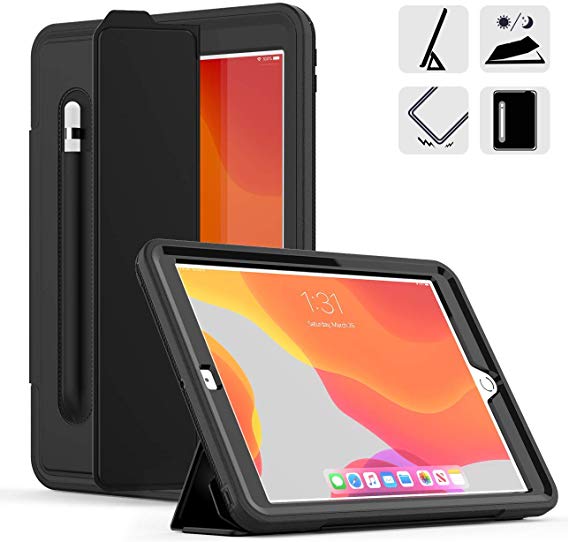 DUNNO New 10.2 Case 2019, Hybrid Leather Three Layer Heavy Duty Smart Cover with Auto Sleep/Wake Pencil Holder Stand Feature Design for iPad 7th Gen 10.2 Inch 2019 (Black)