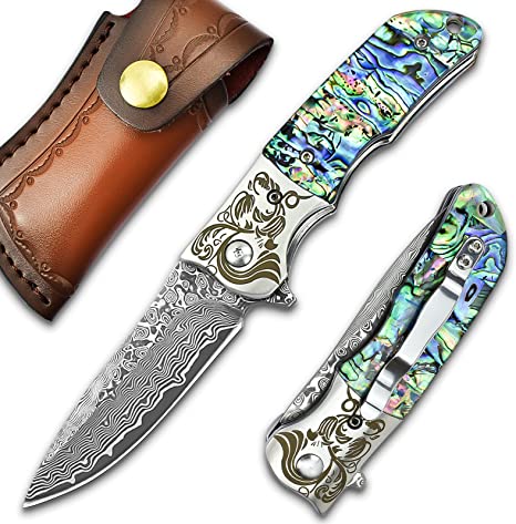  Handmade Damascus pocket knife for men with leather