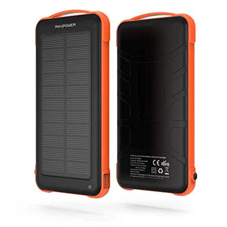 Solar Charger RAVPower 10000mAh Outdoor Battery Pack with iSmart 2.0 and Dual Input (Solar and Outlet), Shockproof Solar Power Bank with LED Flashlight for iPhone, Galaxy, Android, and More