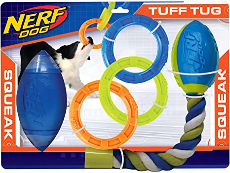 Nerf Dog 3-Piece Dog Toy Gift Set, Includes 7in TPR Classic Squeak Football, 10.5in TPR 3 Ring Tug, and 14.5in TPR 2-Part Nitro Blitz Squeak Football with Rope Tail, Nerf Tough Material, Multicolored