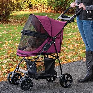 Pet Gear No-Zip Happy Trails Lite Pet Stroller for Cats/Dogs, Zipperless Entry, Easy Fold with Removable Liner, Safety Tether, Storage Basket   Cup Holder, 4 Colors