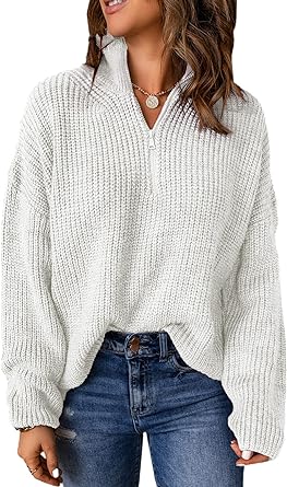 EVALESS Sweaters for Women Waffle Kint Long Sleeve 1/4 Zip Pullover Polo V Neck Sweater