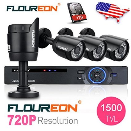 Floureon 8CH AHD 1080N DVR Digital Video Recorder  4 x 720P 10MP 1500TVL Night Vision Bullet Camera with Built-in 1T Hard Disk Security Kit