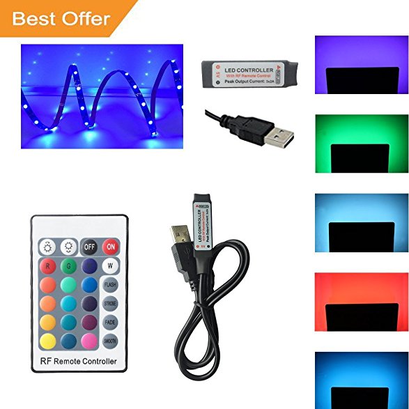 5V USB LED Strips Bias TV Backlight Multi-color Lights, TV Background Lighting Kit With RF Remote Controller and 50CM(1.64FT) USB Cable, 100CM(3.28Ft) 30leds Flexible SMD5050 RGB LED Strip TV Light