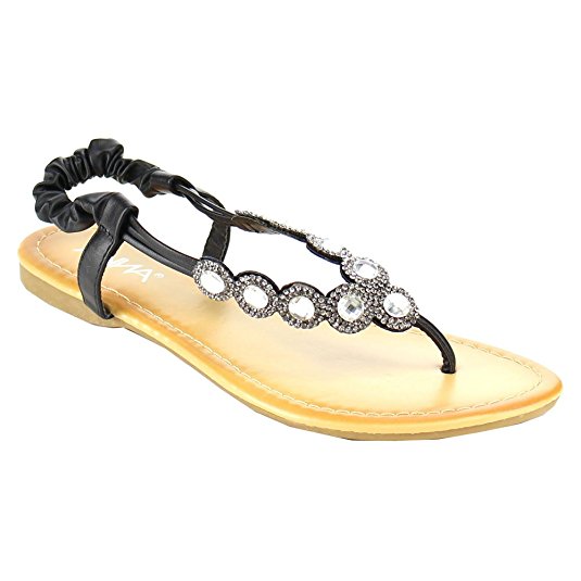 ANNA PENSEE-3 Women's Rhinestone Studded Elastic Slingback Thong Flat Sandals