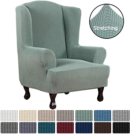 H.VERSAILTEX 1 Piece Super Stretch Stylish Furniture Cover/Wingback Chair Cover Slipcover Spandex Jacquard Checked Pattern, Super Soft Slipcover Machine Washable/Skid Resistance (Wing Chair, Sage)