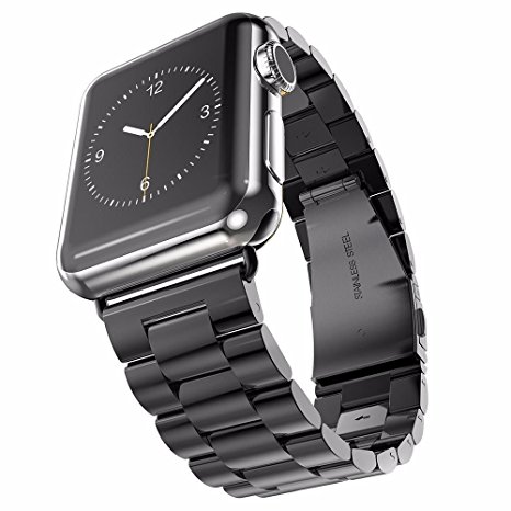 Apple Watch Band, 2015 Latest Solid Stainless Steel Metal Replacement 3 Pointers Watchband Bracelet with Double Button Folding Clasp for Apple Watch Iwatch (Black 42mm)