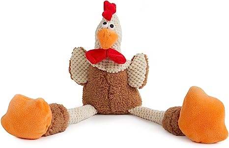 goDog Checkers Skinny Rooster With Chew Guard Technology Tough Plush Dog Toy,Brown, Large